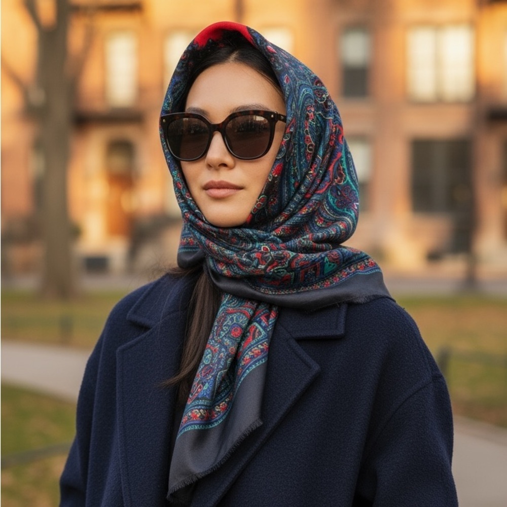 Vintage late 90s Paisley Scarf in Blue & Red Boho Glam Heritage Revival Chic 46”
